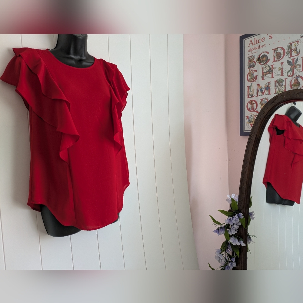 Red Ruffle Sleeve Blouse - Picture 2 of 8